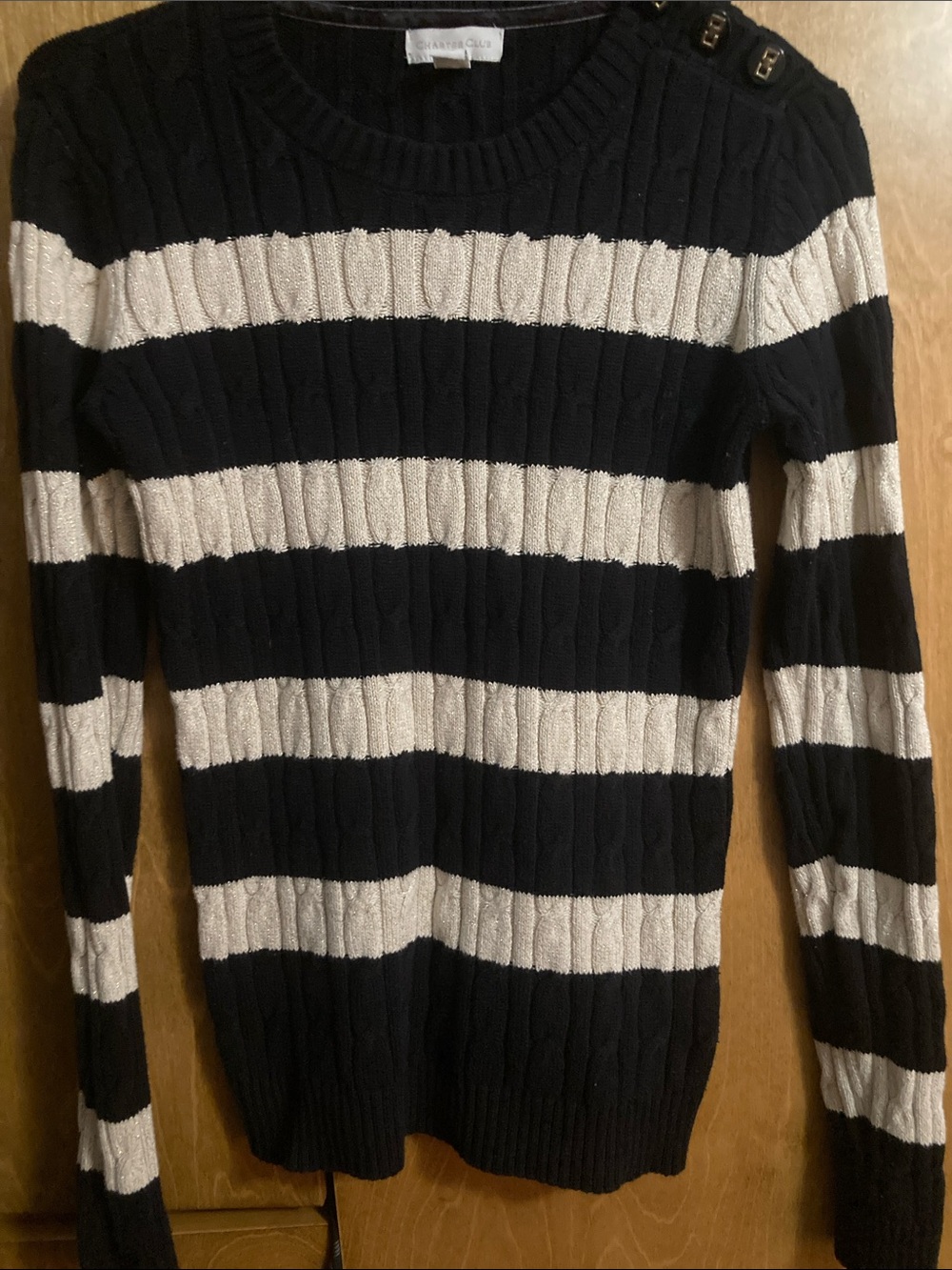 Charter Club Black and Cream Metallic Stripe Sweater Size XS